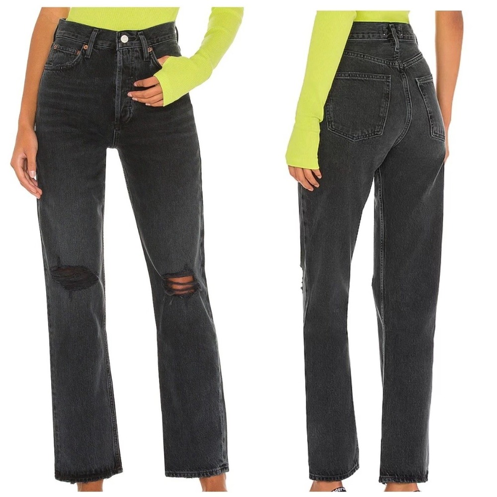 Agolde Jeans Womens 26 Black 90s Pinch Waist High-Rise Straight Distressed Goth